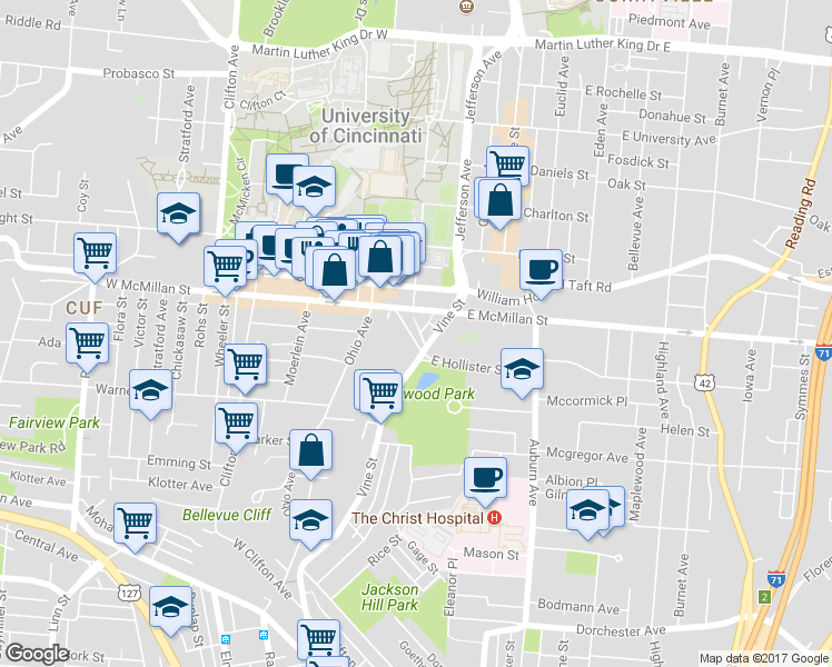 map of restaurants, bars, coffee shops, grocery stores, and more near 2385 Vine Street in Cincinnati