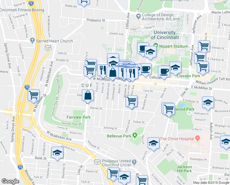 map of restaurants, bars, coffee shops, grocery stores, and more near 2328 Chickasaw Street in Cincinnati