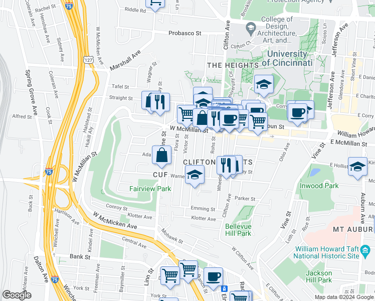 map of restaurants, bars, coffee shops, grocery stores, and more near 2320 Victor Street in Cincinnati