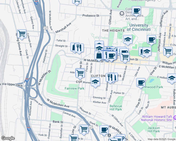 map of restaurants, bars, coffee shops, grocery stores, and more near 2320 Victor Street in Cincinnati