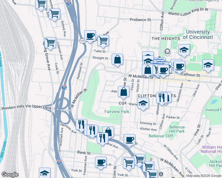 map of restaurants, bars, coffee shops, grocery stores, and more near 2321 Muriel Court in Cincinnati