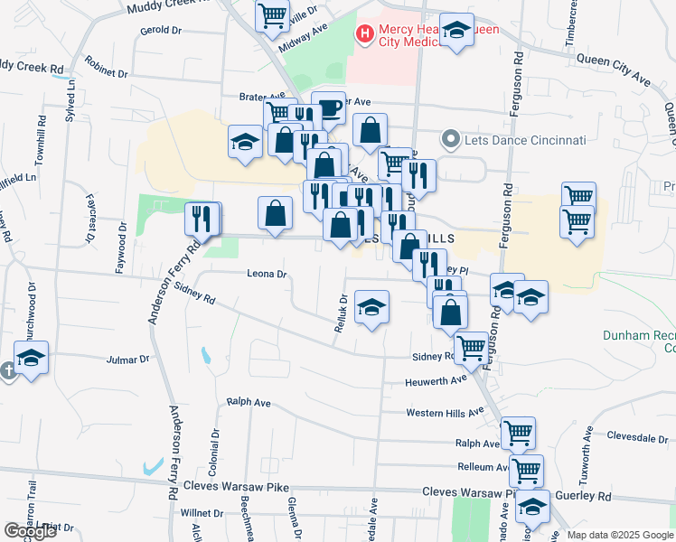map of restaurants, bars, coffee shops, grocery stores, and more near 5255 Relluk Drive in Cincinnati