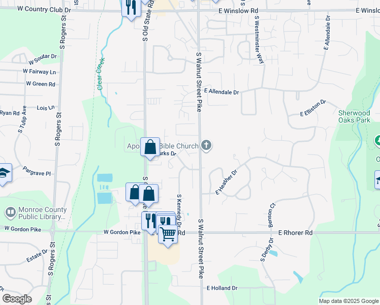 map of restaurants, bars, coffee shops, grocery stores, and more near 3390 South Burks Court in Bloomington
