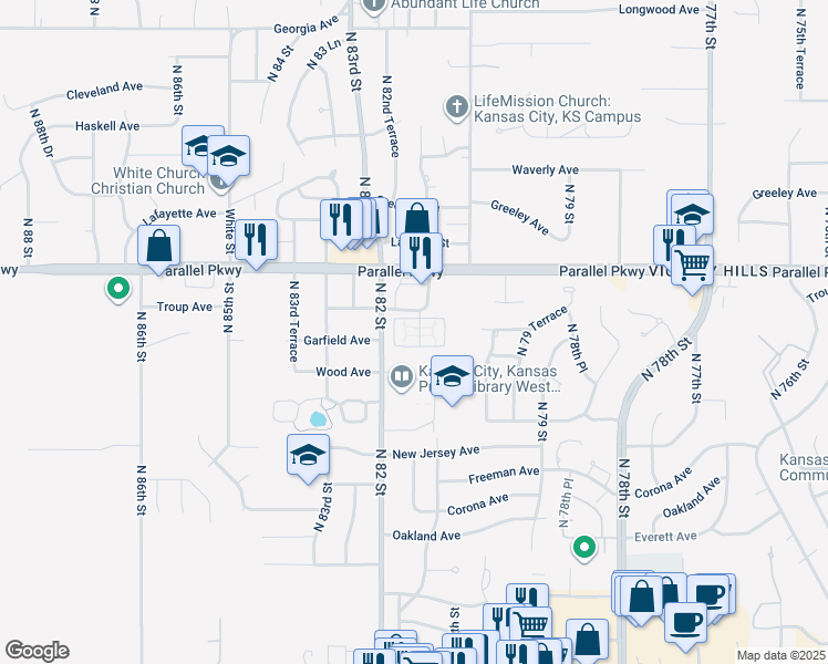 map of restaurants, bars, coffee shops, grocery stores, and more near 8141 Troup Avenue in Kansas City