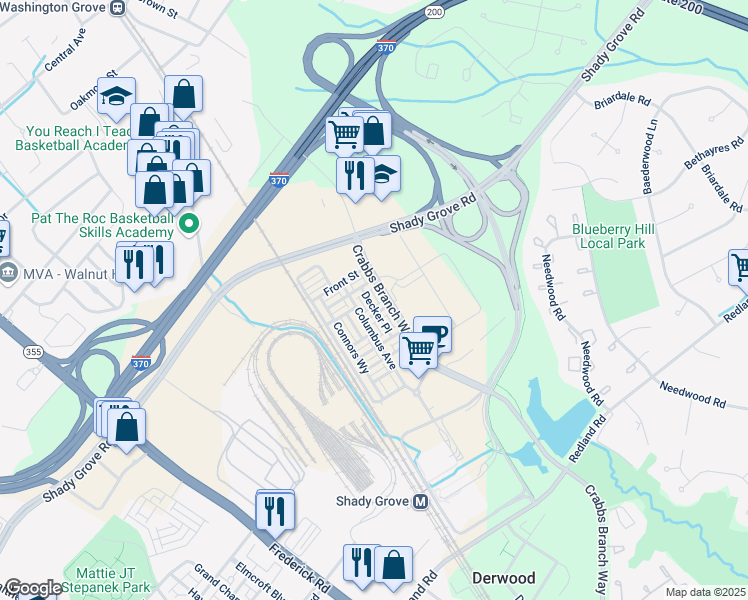 map of restaurants, bars, coffee shops, grocery stores, and more near 16313 Decker Place in Derwood