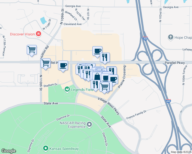 map of restaurants, bars, coffee shops, grocery stores, and more near 1843 Village West Parkway in Kansas City