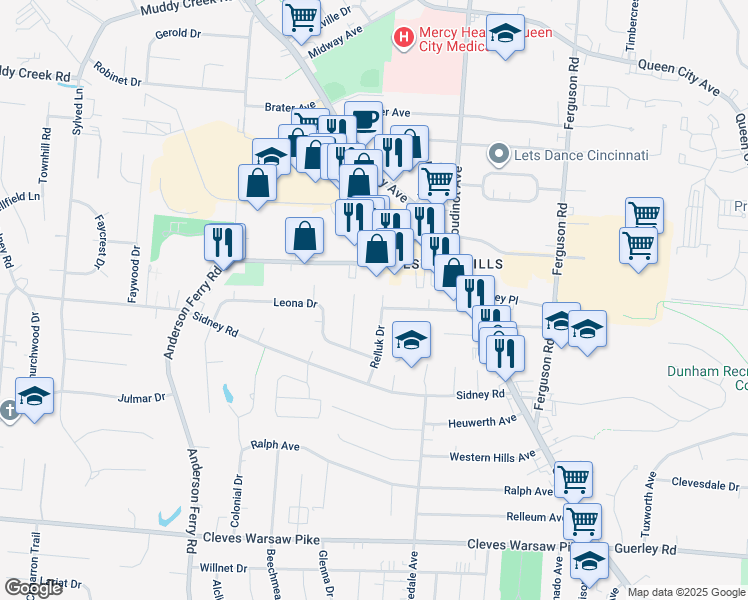 map of restaurants, bars, coffee shops, grocery stores, and more near 5255 Relluk Drive in Cincinnati