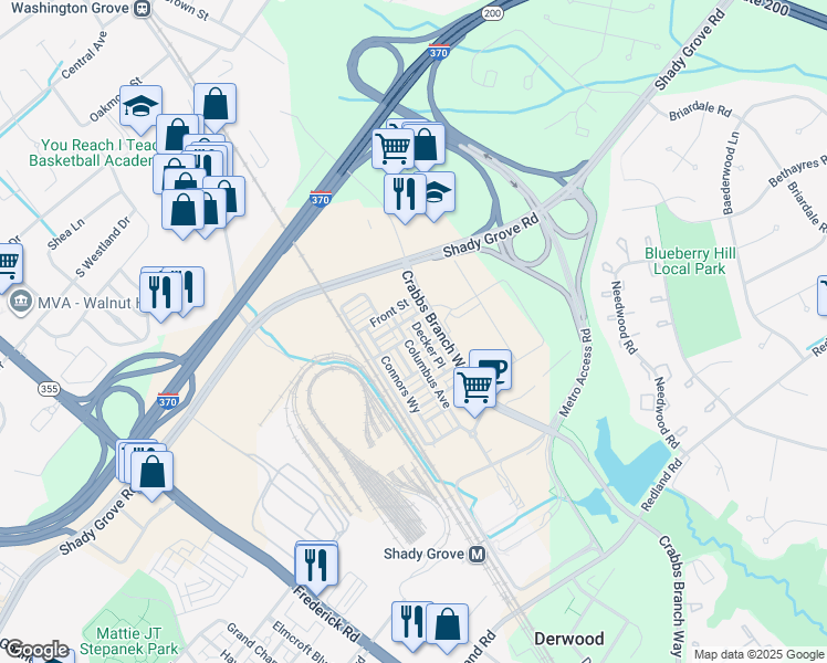 map of restaurants, bars, coffee shops, grocery stores, and more near 16328 Decker Place in Derwood
