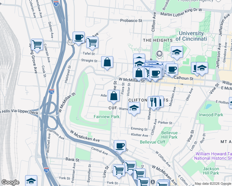 map of restaurants, bars, coffee shops, grocery stores, and more near 2327 Flora Street in Cincinnati