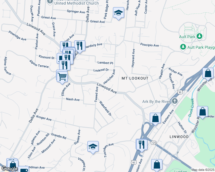 map of restaurants, bars, coffee shops, grocery stores, and more near 3434 Linwood Avenue in Cincinnati