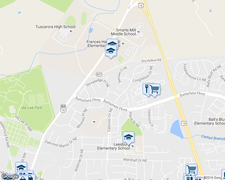 map of restaurants, bars, coffee shops, grocery stores, and more near 204 Grafton Way Northeast in Leesburg