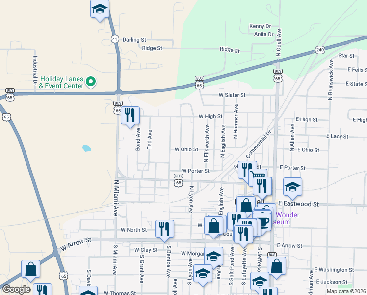 map of restaurants, bars, coffee shops, grocery stores, and more near 500-598 North Franklin Avenue in Marshall