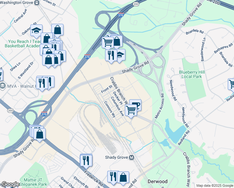 map of restaurants, bars, coffee shops, grocery stores, and more near 16313 Decker Place in Derwood
