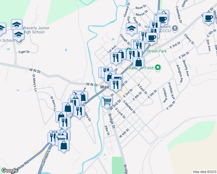 map of restaurants, bars, coffee shops, grocery stores, and more near in Waverly