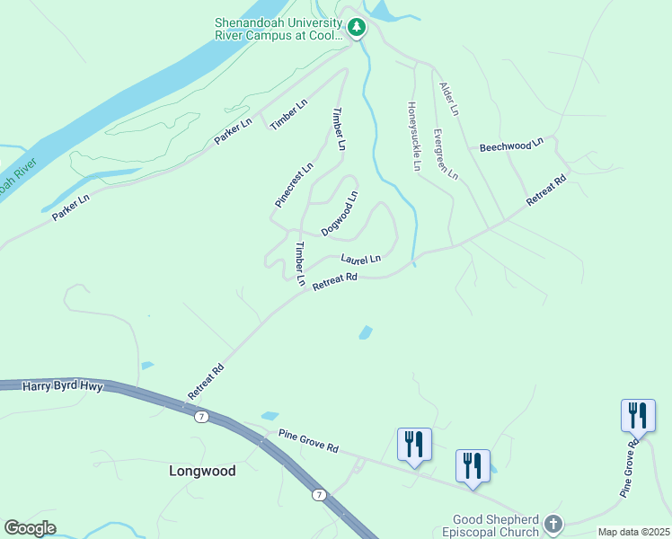 map of restaurants, bars, coffee shops, grocery stores, and more near 521 Retreat Road in Bluemont