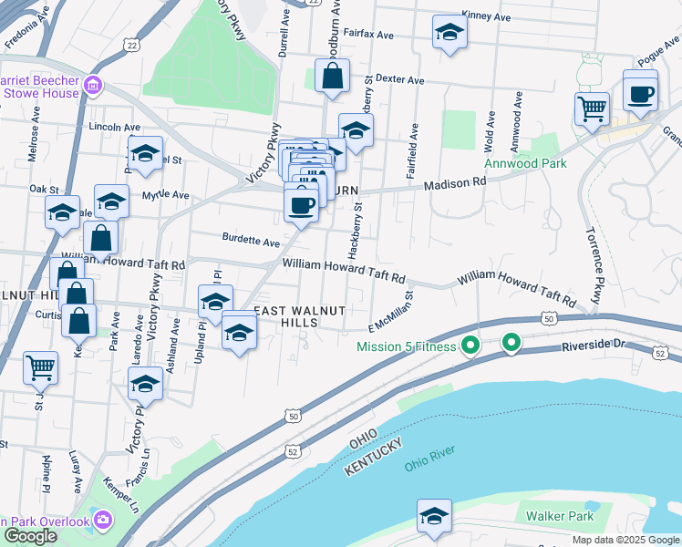 map of restaurants, bars, coffee shops, grocery stores, and more near 2563 Hackberry Street in Cincinnati