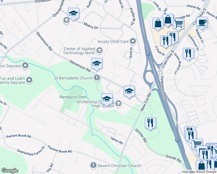 map of restaurants, bars, coffee shops, grocery stores, and more near 8112 Spaulding Circle in Severn
