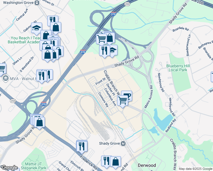 map of restaurants, bars, coffee shops, grocery stores, and more near 16332 Decker Place in Derwood