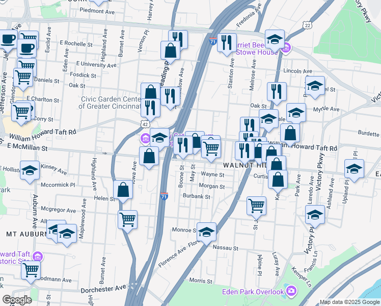 map of restaurants, bars, coffee shops, grocery stores, and more near 664 Crown Street in Cincinnati