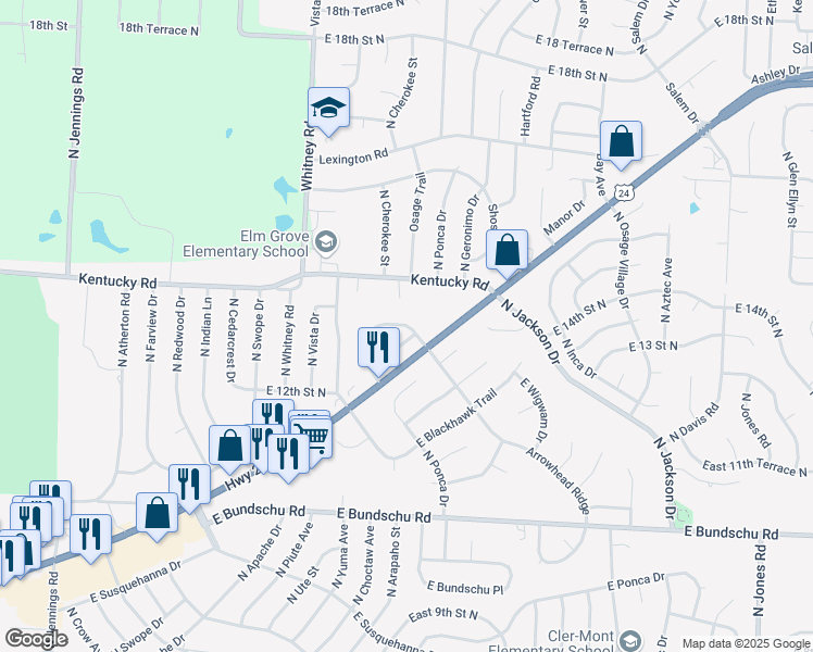 map of restaurants, bars, coffee shops, grocery stores, and more near 18333 East US Highway 24 Circle in Independence