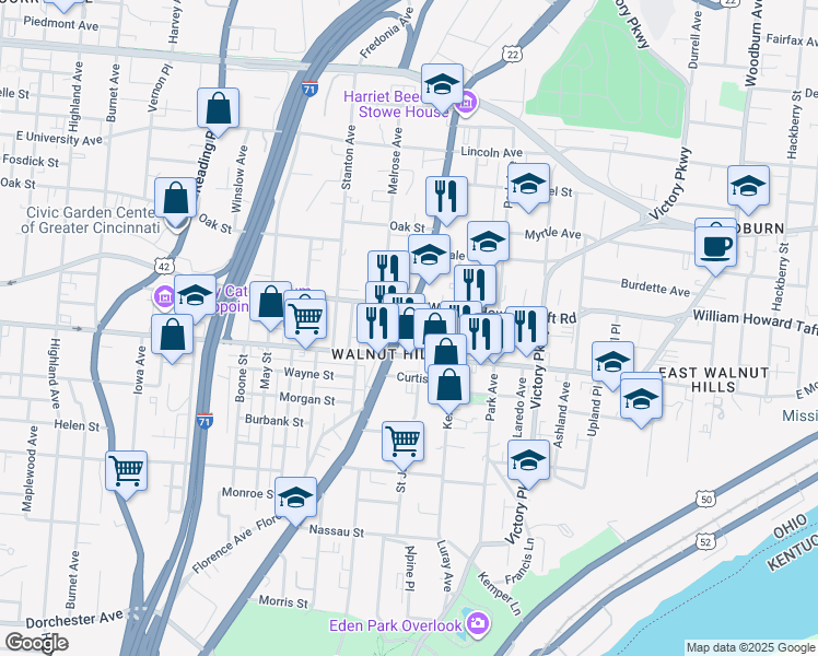 map of restaurants, bars, coffee shops, grocery stores, and more near 2614 Gilbert Avenue in Cincinnati
