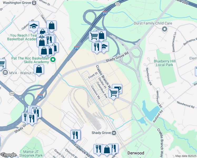 map of restaurants, bars, coffee shops, grocery stores, and more near 16336 Decker Place in Derwood