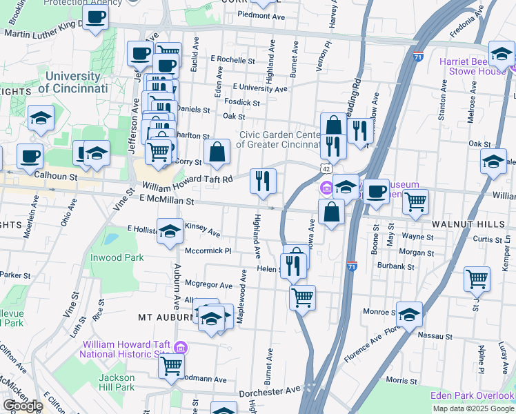 map of restaurants, bars, coffee shops, grocery stores, and more near E McMillan St & Highland Ave in Cincinnati