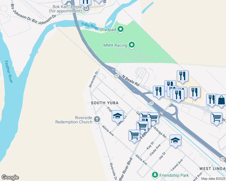 map of restaurants, bars, coffee shops, grocery stores, and more near 5935 Garden Avenue in Olivehurst