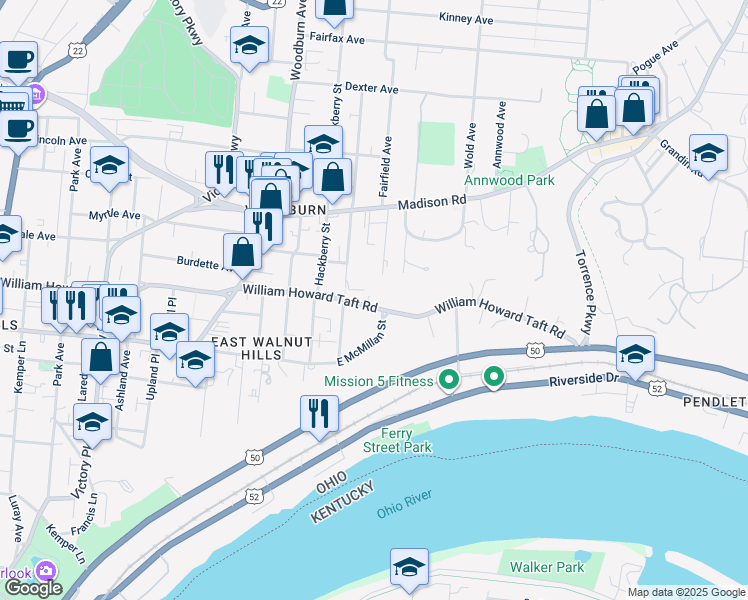 map of restaurants, bars, coffee shops, grocery stores, and more near 2702 Johnstone Place in Cincinnati