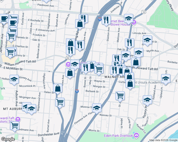 map of restaurants, bars, coffee shops, grocery stores, and more near 664 Crown Street in Cincinnati
