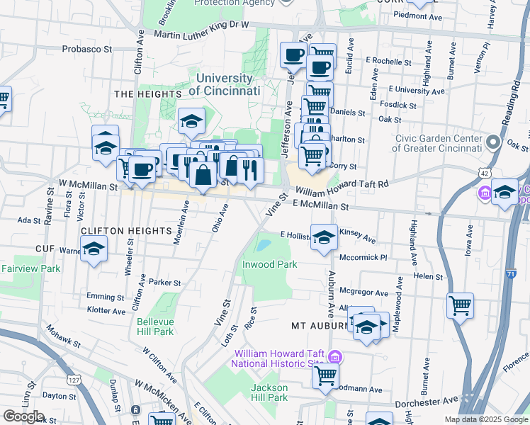 map of restaurants, bars, coffee shops, grocery stores, and more near 34 West McMillan Street in Cincinnati