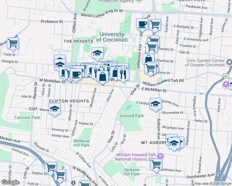 map of restaurants, bars, coffee shops, grocery stores, and more near in Cincinnati