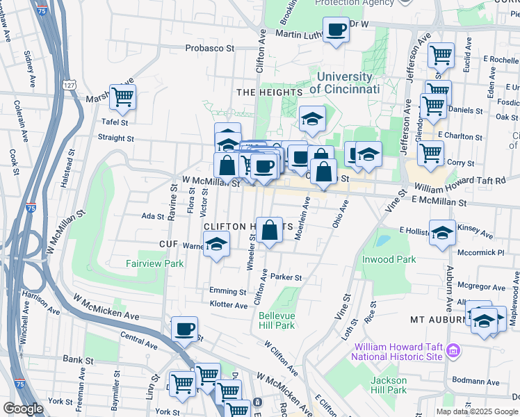 map of restaurants, bars, coffee shops, grocery stores, and more near 2377 Wheeler Street in Cincinnati