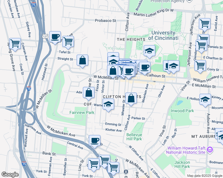 map of restaurants, bars, coffee shops, grocery stores, and more near 2374 Chickasaw Street in Cincinnati