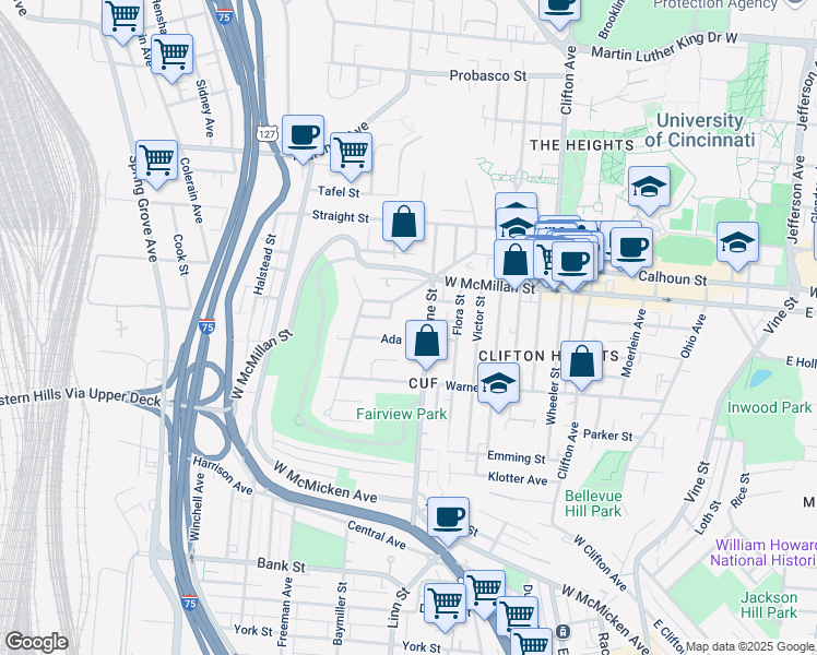 map of restaurants, bars, coffee shops, grocery stores, and more near 2472 Fairview Avenue in Cincinnati