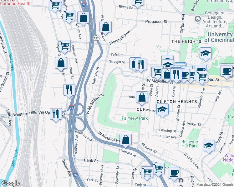 map of restaurants, bars, coffee shops, grocery stores, and more near 1940 Fairview Park Road in Cincinnati