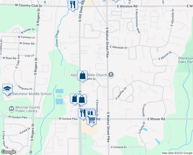 map of restaurants, bars, coffee shops, grocery stores, and more near 155 East Burks Drive in Bloomington