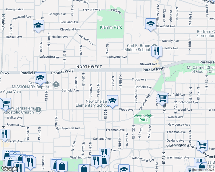 map of restaurants, bars, coffee shops, grocery stores, and more near 1952 North 25 Street in Kansas City