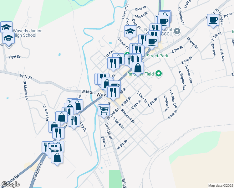 map of restaurants, bars, coffee shops, grocery stores, and more near 196 Ohio 104 in Waverly
