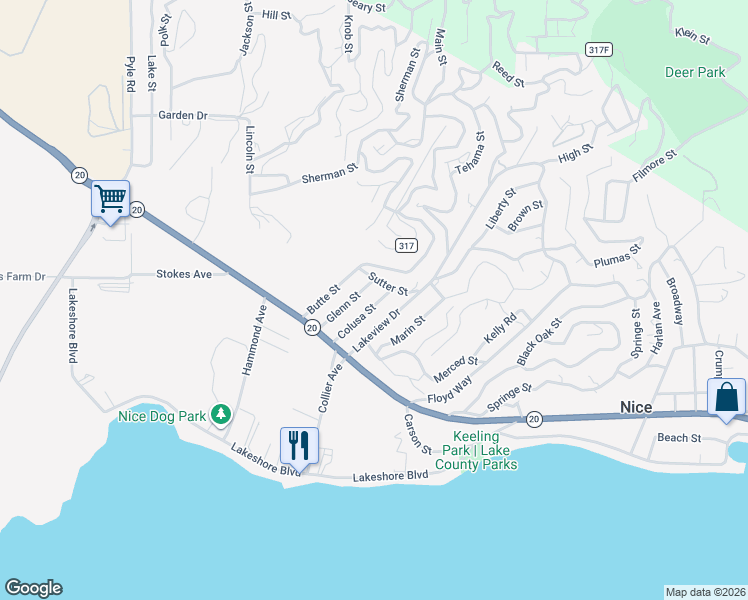 map of restaurants, bars, coffee shops, grocery stores, and more near 2850 Sutter Street in Nice