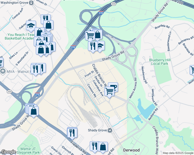 map of restaurants, bars, coffee shops, grocery stores, and more near 16325 Decker Place in Derwood