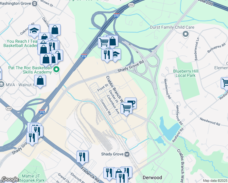map of restaurants, bars, coffee shops, grocery stores, and more near 16612 Crabbs Branch Way in Derwood