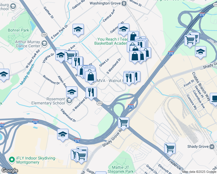 map of restaurants, bars, coffee shops, grocery stores, and more near 310 Skidmore Boulevard in Gaithersburg