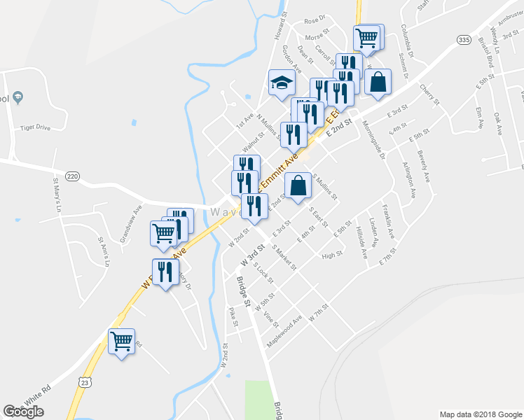 map of restaurants, bars, coffee shops, grocery stores, and more near 125 East 2nd Street in Waverly