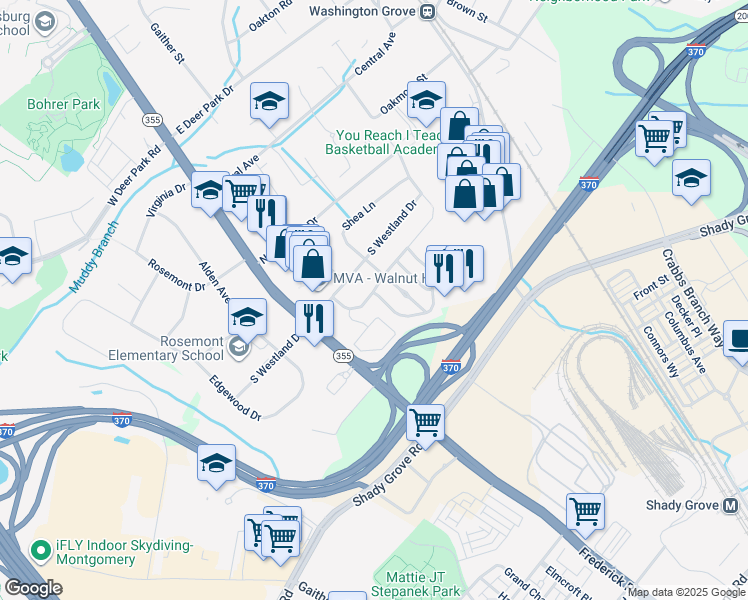 map of restaurants, bars, coffee shops, grocery stores, and more near 310 Skidmore Boulevard in Gaithersburg