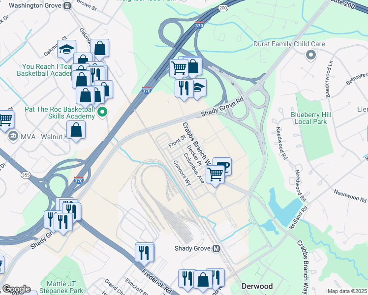 map of restaurants, bars, coffee shops, grocery stores, and more near 8086 Flatbush Street in Rockville