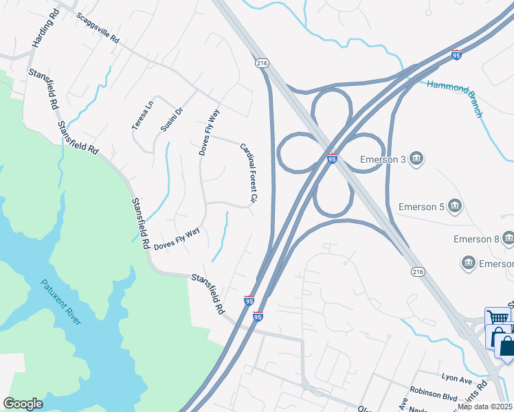 map of restaurants, bars, coffee shops, grocery stores, and more near 8797 Cardinal Forest Circle in Laurel