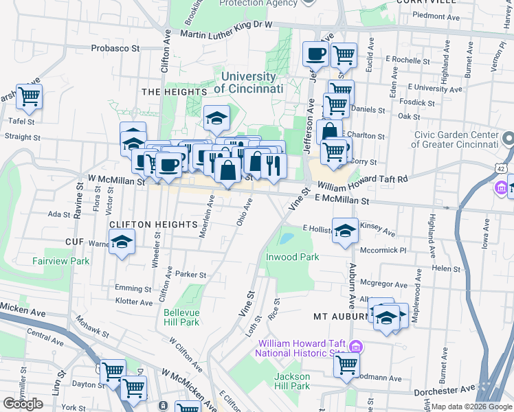 map of restaurants, bars, coffee shops, grocery stores, and more near 65 West McMillan Street in Cincinnati