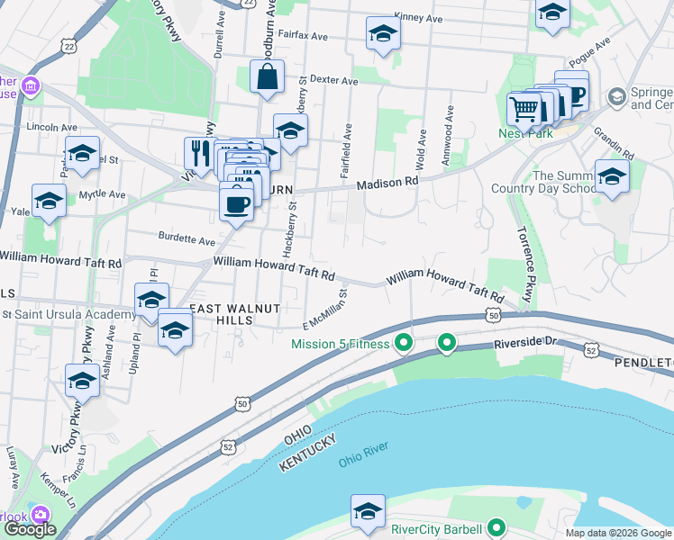 map of restaurants, bars, coffee shops, grocery stores, and more near 2702 Johnstone Place in Cincinnati
