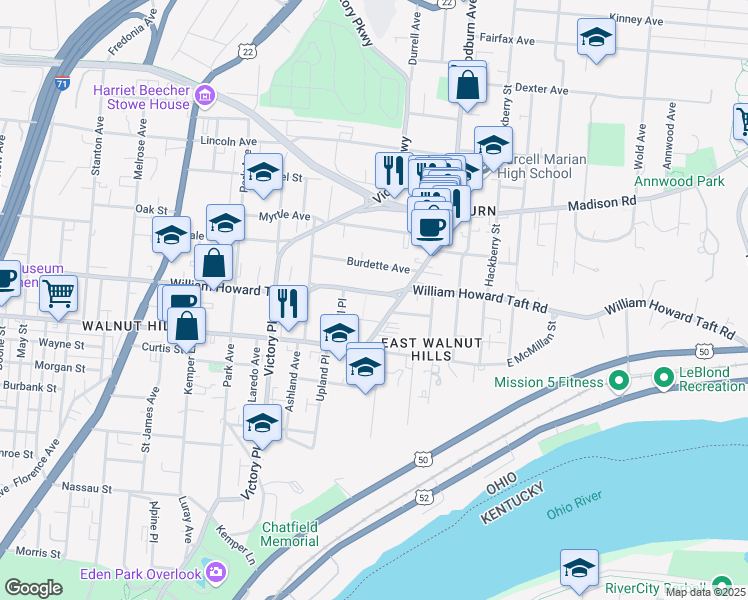 map of restaurants, bars, coffee shops, grocery stores, and more near 1350 William Howard Taft Road in Cincinnati